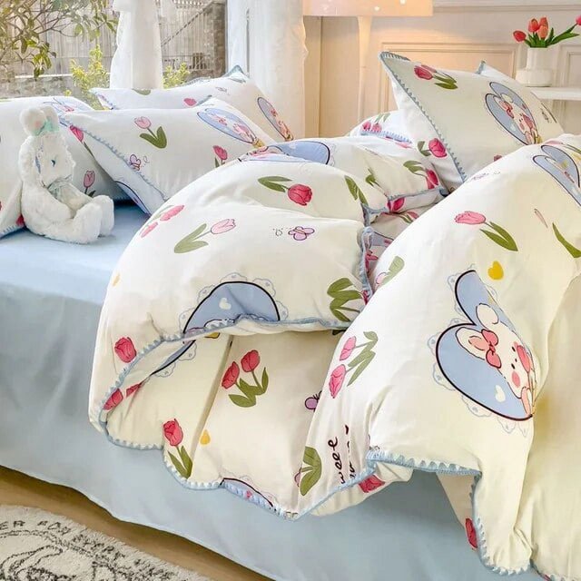 Pastoral Girls Flower Bedding Sets Washed Cotton Bed Linens Soft Quilt Cover Sheet Set Simple Bedspread Home Textiles