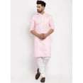 thumbnail image 1 of eloria Men's Traditional Pink Solid Cotton Blend Long Chikankari Kurta Pyjama set, 1 of 7