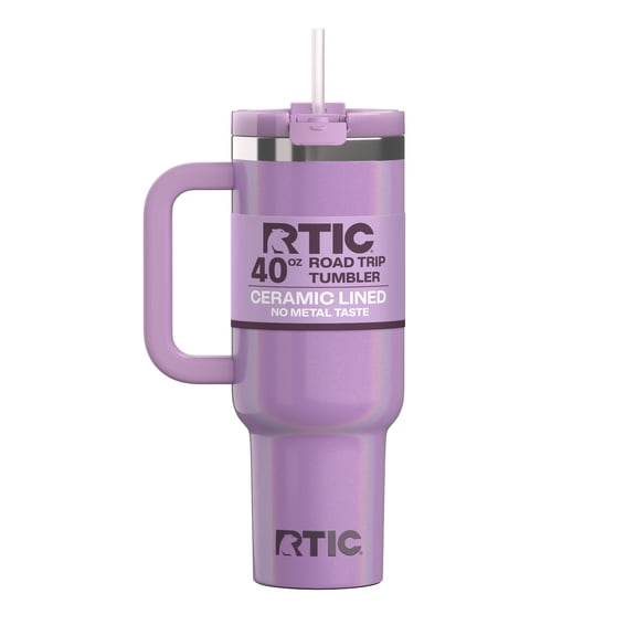 RTIC 40 oz Ceramic Lined Road Trip Tumbler, Leak-Resistant Straw Lid, Lavender Glitter