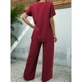 thumbnail image 2 of Womens Summer 2 Piece Outfits Short Sleeve Casual Round Neck Wide Leg Long Pants Suit Set Wine Red XXL, 2 of 5