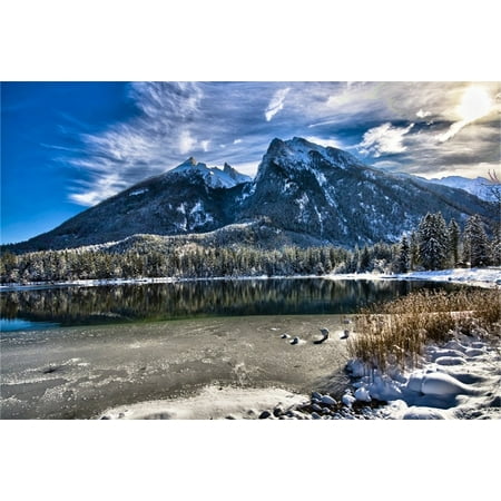 Image of GreenDecor 7x5ft Snow Mountain Landscape Backdrop For Photography Winter Fir Trees Outdoor Nature Scenic Early Spring Melting Ice Lake Background Phot