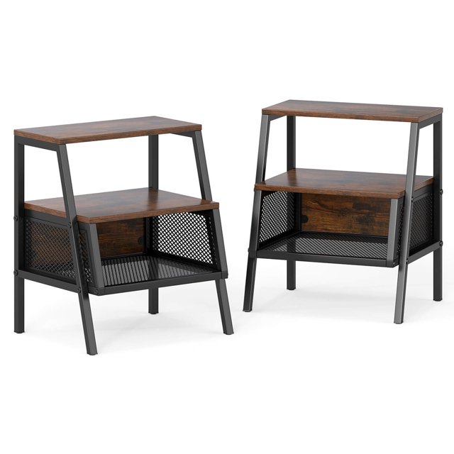 Costway 2 PCS Industrial Nightstand 3-Tier End Table with 2 Open Shelves & Metal Mesh Compartment