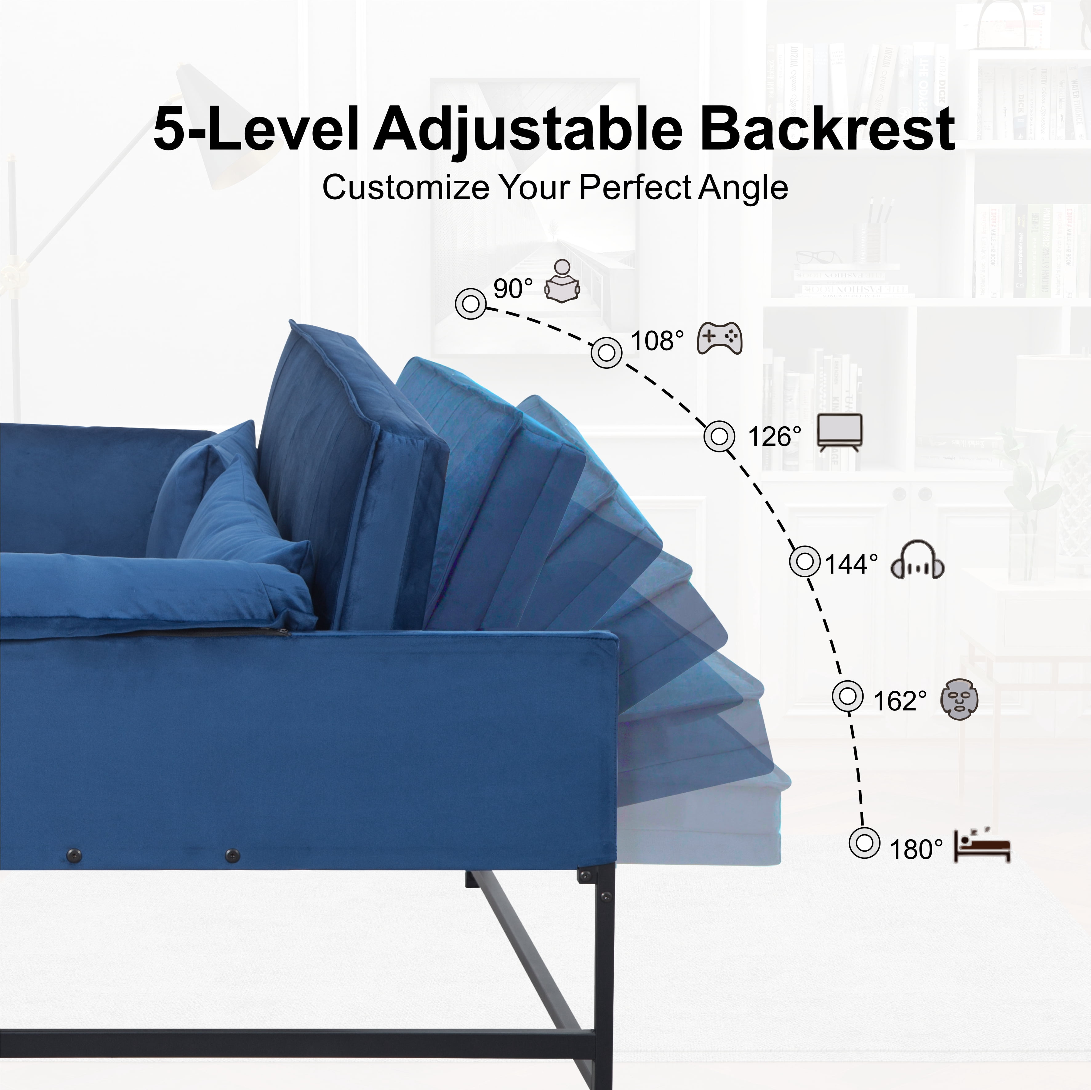 Gewnee 46"3 in 1 Convertible Sofa Bed,Pull-out Sleeper with 5 Reclining Positions for Living Room,Apartment,Velvet Navy Blue