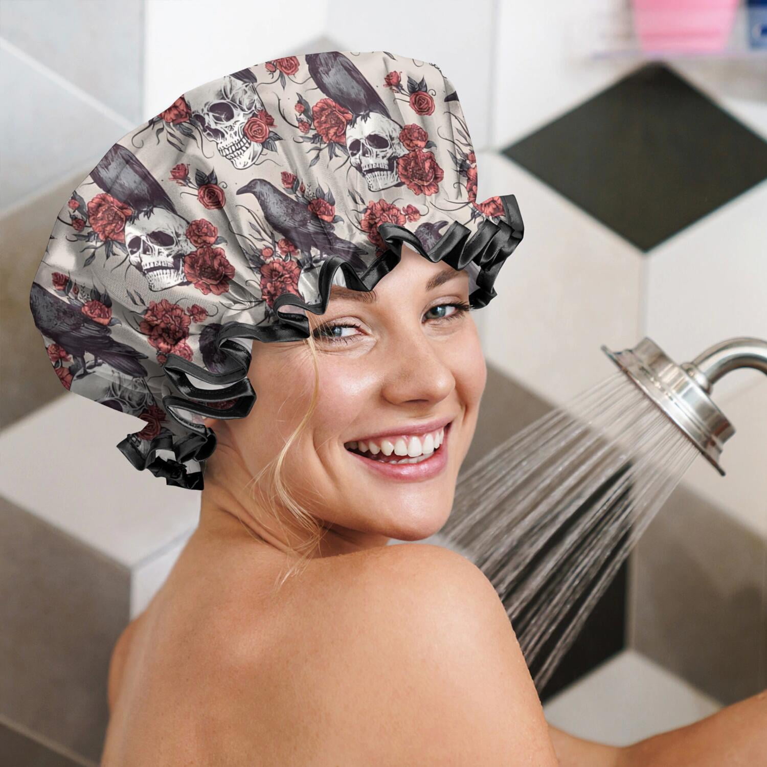 Shower Caps,Beige Skull Crow Flower Pattern Waterproof Shower Cap for Women 4 Pieces,Double Reusable Hair Cover for Shower PEVA Elastic Stretch Hem