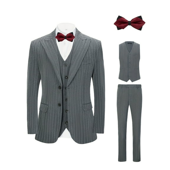 Beauty-Emily Men's 4-Piece Striped Suit Set, Blazer, Vest, Pants, Burgundy Bow Tie, for Wedding, Business, Party, Banquet, Prom, Formal Events, Graduation
