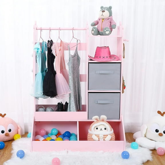 Kids Dress up Storage with Mirror and Storage Bin, Kids Costume Organizer Center, Costume Closet for Kids, Kids Play Armoire Dresser with Mirror, Kids Costume Organizer, Open Hanging Armoire Closet