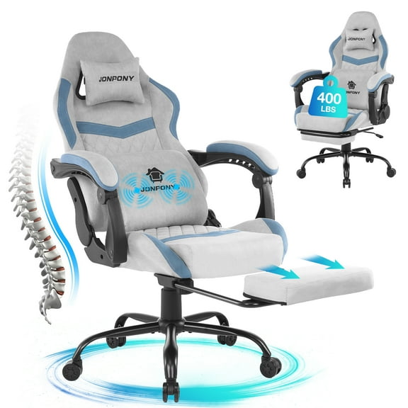 JONPONY Big and Tall Gaming Chair, Computer Chair with Footrest and Massage Lumbar Support, Height Adjustable Game Chair with Headrest and Swivel Seat,GREY