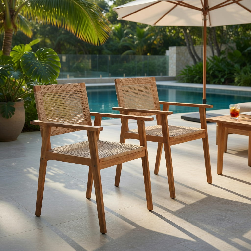 Hommoo 2-Pack Acacia Wood & PE Rattan Outdoor Dining Chairs, Weather-Resistant Patio Chairs with Ergonomic Backrest, Sturdy Armrests, Natural