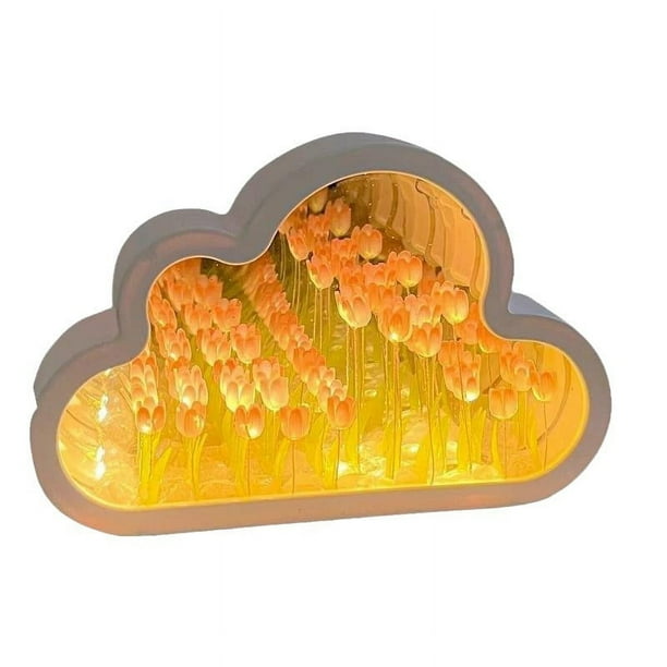 Espejo de pétalo celestial, espejo de lámpara de tulipán de nube, espejo de nube de flor de tulipán, luz nocturna de espejo de tulipán de nube de bricolaje con 20 flores. (Rosa)