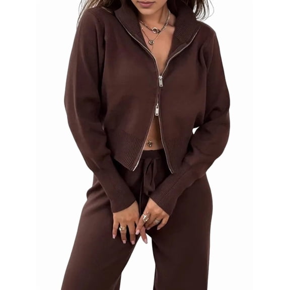 Female 2 Piece Outfits Lapel Long Sleeve Zip Up Sweatshirt Wide Leg Pants Matching Tracksuit Sets Brown S