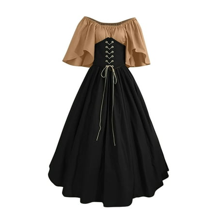 Socisucc Women s Round Neck Dress Flare Sleeve Off Shoulder Medieval Vintage Dresses With Corset Patchwork Ball Gown