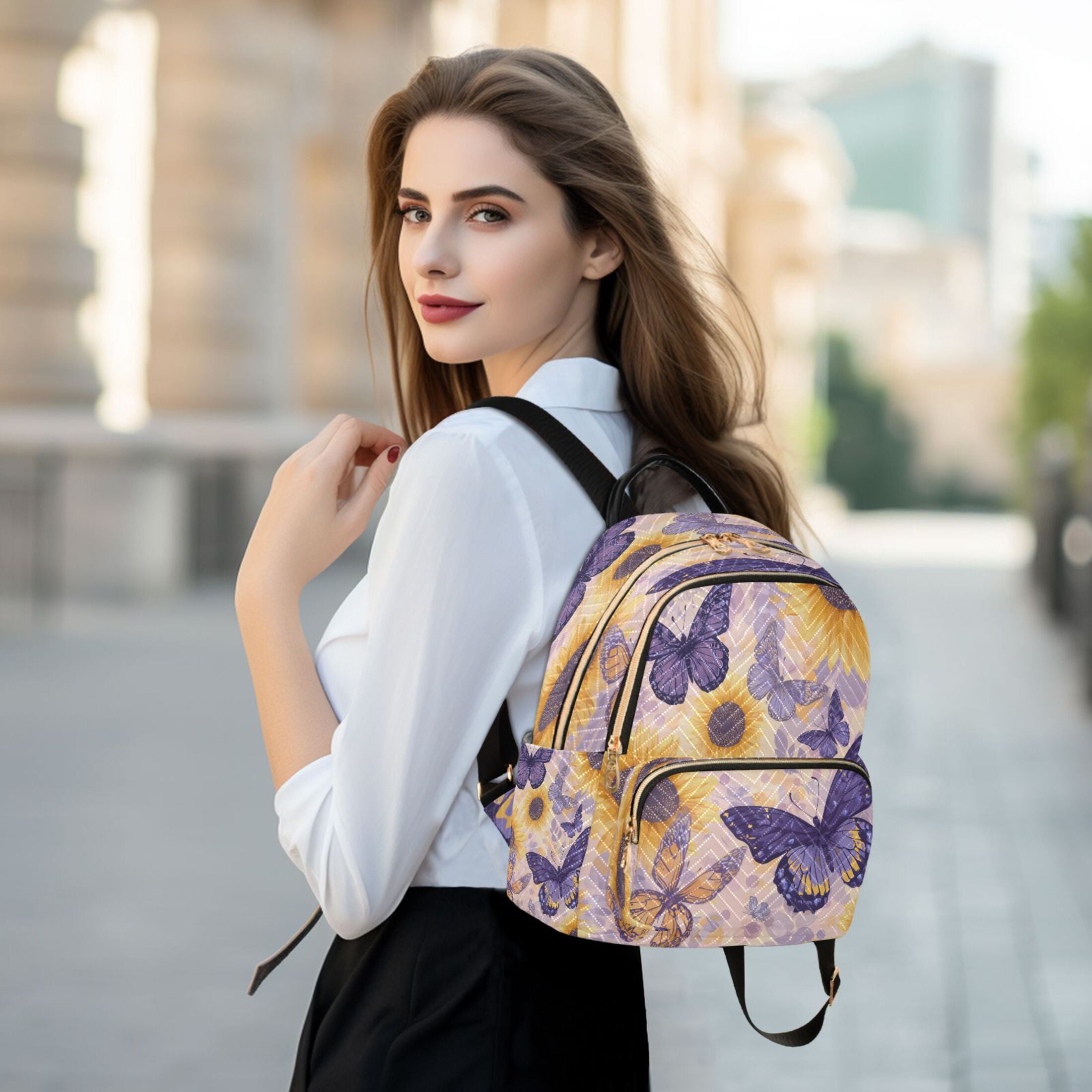 Purple Butterflies with Sunflowers Quilted Backpack Fashion Daypack Commuter Bag for Women 14 L