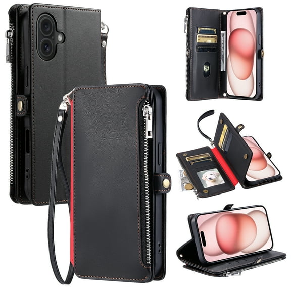Compatible with iPhone 16 Case Wallet with Card Holder for Women Men, PU Leather Magnetic Snap Flip Zipper Wrist Strap and Crossbody Strap Stand Phone Case for iPhone 16, Black
