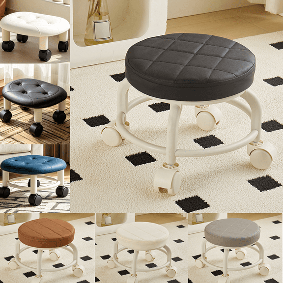 Sahpxhe Step Stool Rolling Low Stool with Caster Wheels,Padded Leather Seat Kitchen Step Stool,Mobile Creeper for Cleaning,Home,Garage Black-B