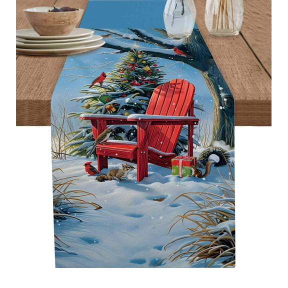 Christmas Burlap-Cotton Table Runner 72 Inches Long,Xmas Red Tree Snowflake Birds Farmhouse Table Runners,Outdoor Dining Tablecloths Decor for Baby Shower/Party/Wedding 14x72