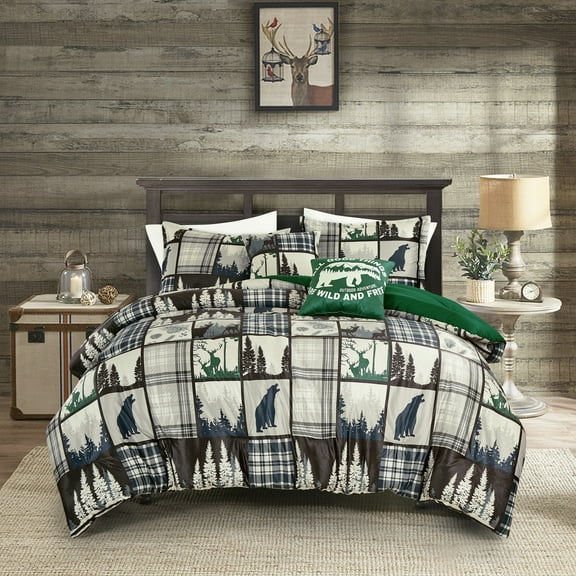 EvJK 5-Piece Velvet Sherpa Comforter Set – Wild and Free Cabin Lodge Bedding, Soft & Cozy Comforter with Matching Shams and Decorative Cushions, Queen