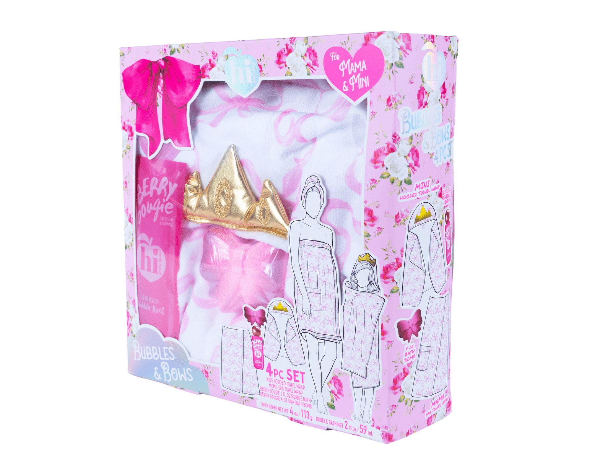 Hi Peach Layne Mama & Me Bath Wrap Set with Pink and White Bow Designs, includes Berry Bougie Bubble Bath 2 fl oz, and Pink Bow Bath Bomb 4 oz