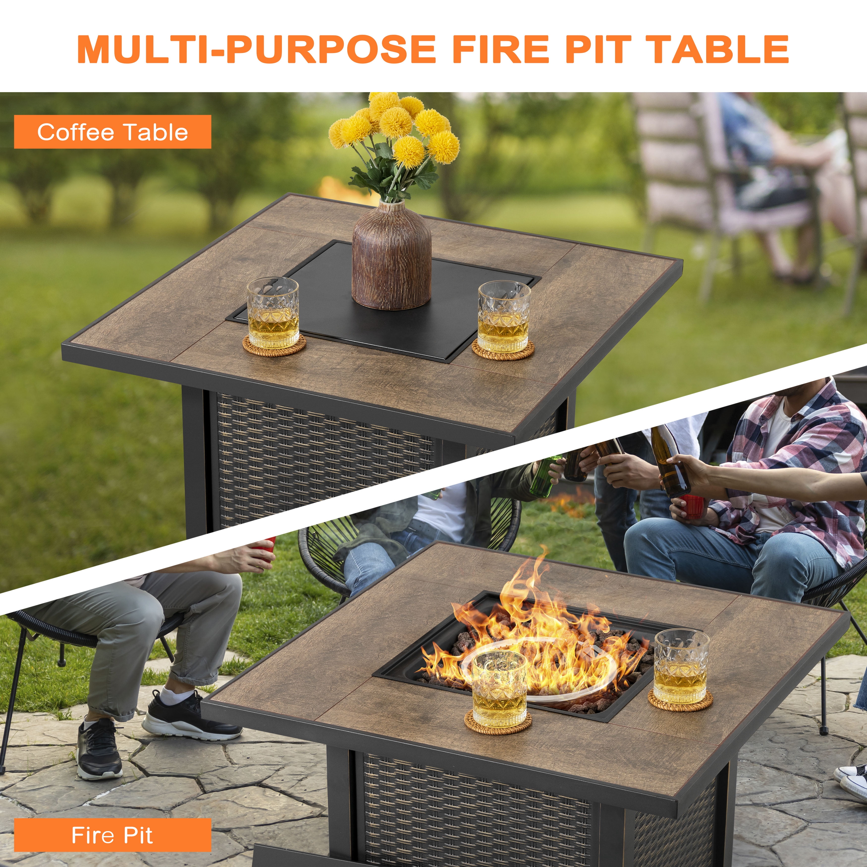 Nuu Garden 30'' Patio Fire Pit Table, 50,000 BTU Propane Gas Fire Pit for Outside Patio, With Lid and Lava Rocks, Ceramic Tile Tabletop, Black