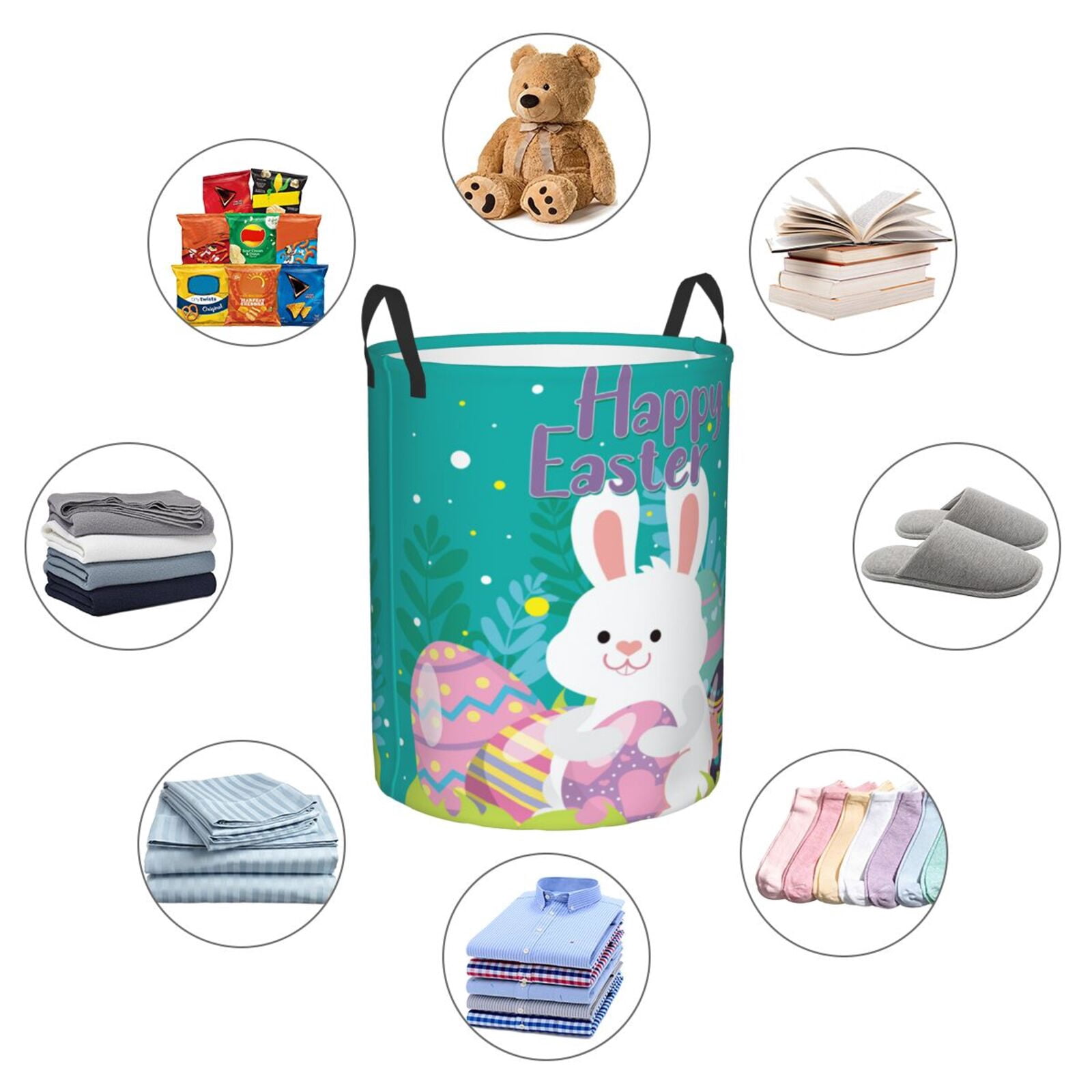 Gukieu Happy easter Print Round Dirty Clothes Bag, Waterproof Standing Home Bathroom Storage Basket Car Trunk Storage Bag-Small