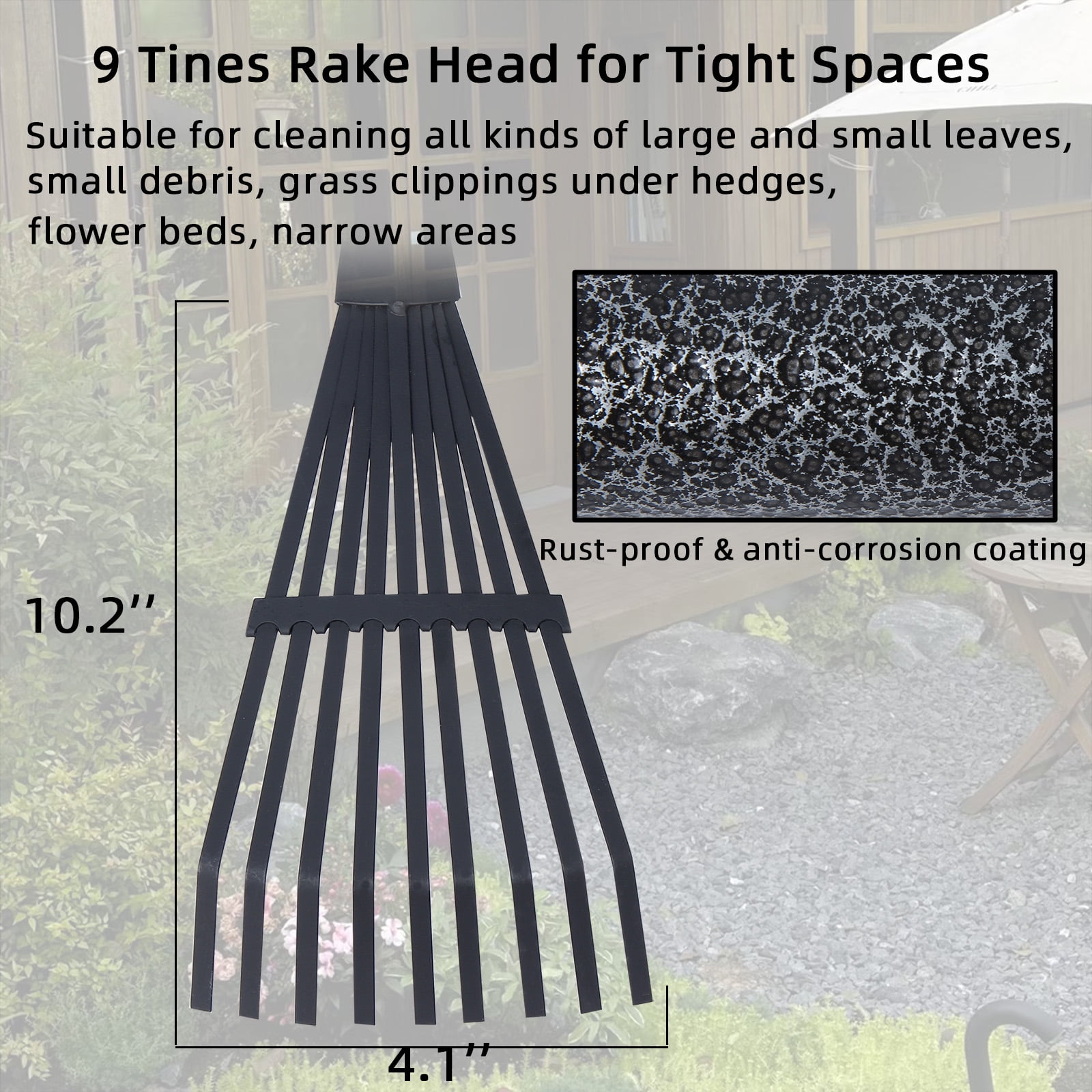 YARTTING Rake for Leaves, Small Garden Rake with Adjustable Long Handle, 9 Tines Metal Narrow Rake for Lawns Yard Flower Bed Mulch Shrub Outdoor Camping