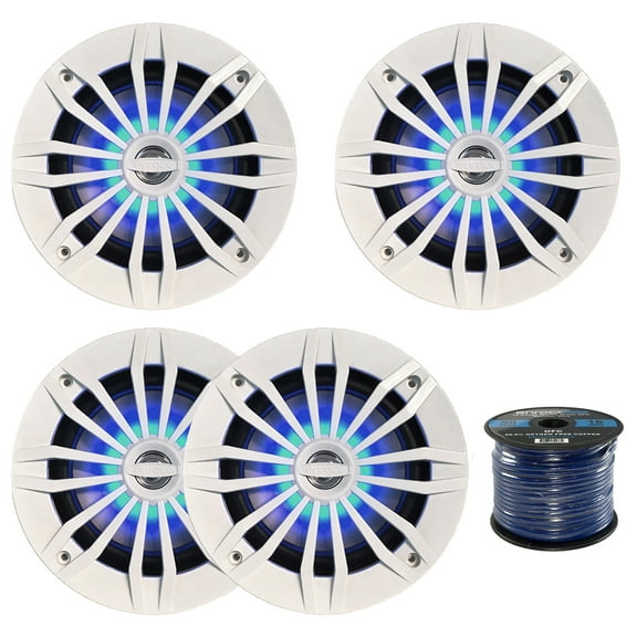 4X EnrockMarine 6.5-Inch White 2 Way, 200 Watt, Marine, Loudspeaker Featuring Blue LED Illumination Option, Enrock Audio Marine Grade Spool of 50 Foot 16-Gauge Speaker Wire
