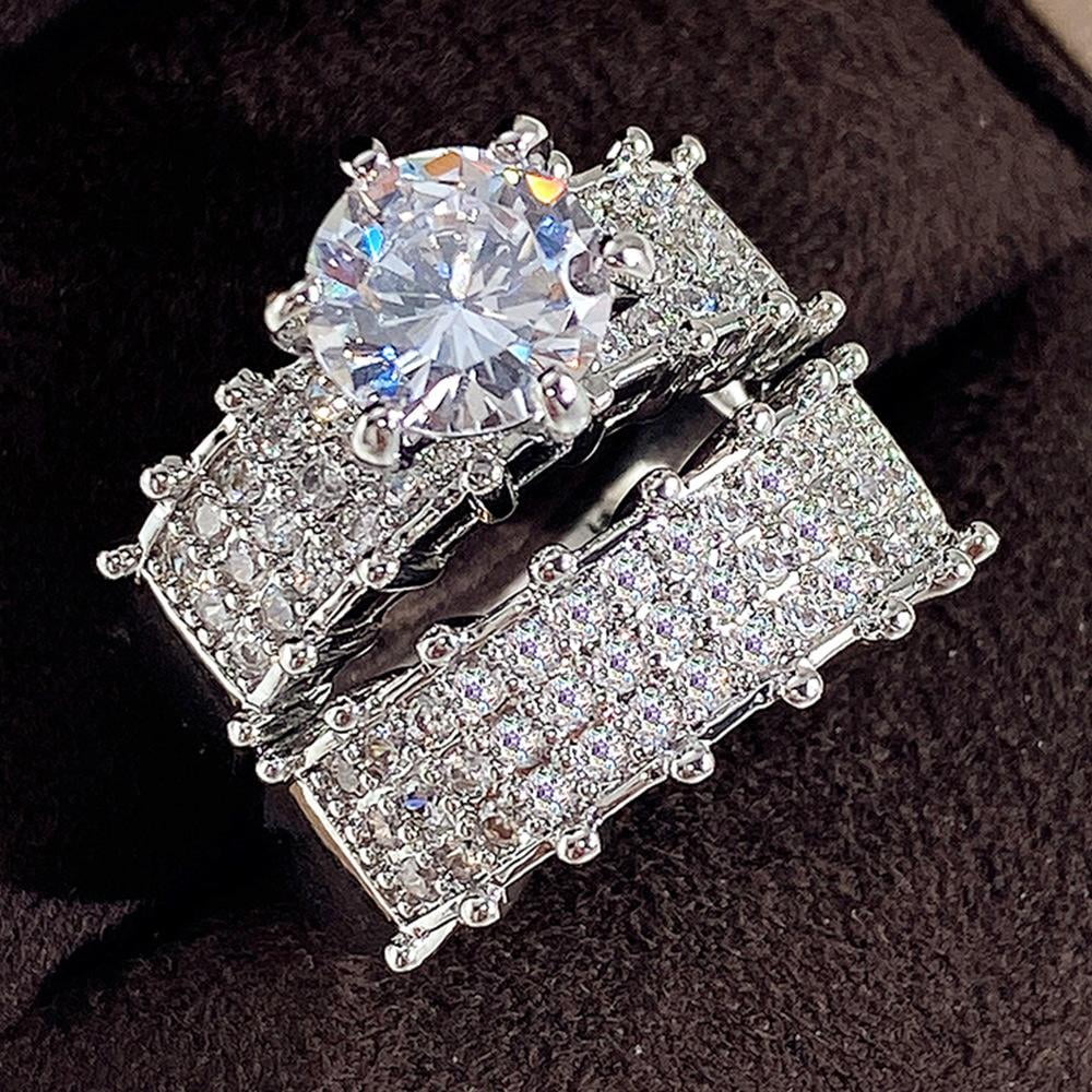VOLALO 2pcs His and Hers Wedding Ring Sets Couples Engagement Rings Women and Men 925 Sterling Silver AAA Cubic Zirconia Shining Double Layer Platinum Plated