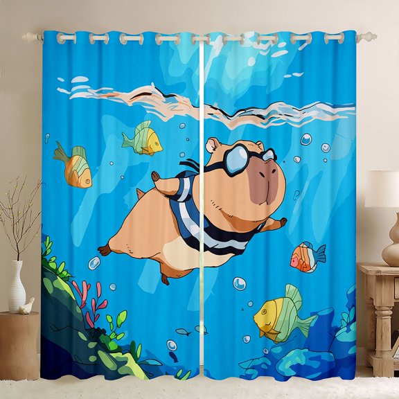 jejeloiu Kawaii Capybara Black Out Curtains,Brown Blue Curtains Pack of 2 (42x63 Each) For Boys Kids