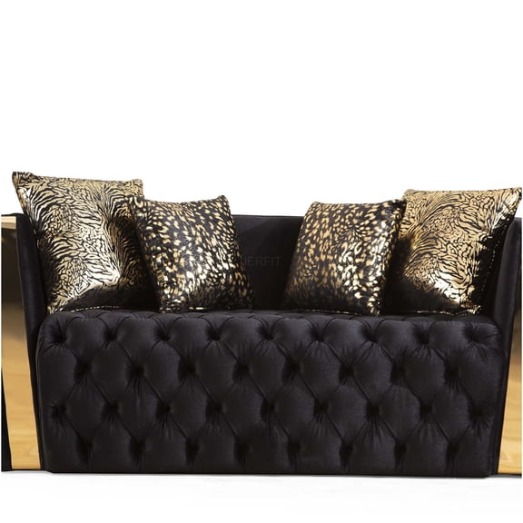 JERFIT Naomi Modern Button Tufted Velvet Loveseat Sofa with Gold Metal Legs for Living Room, Black