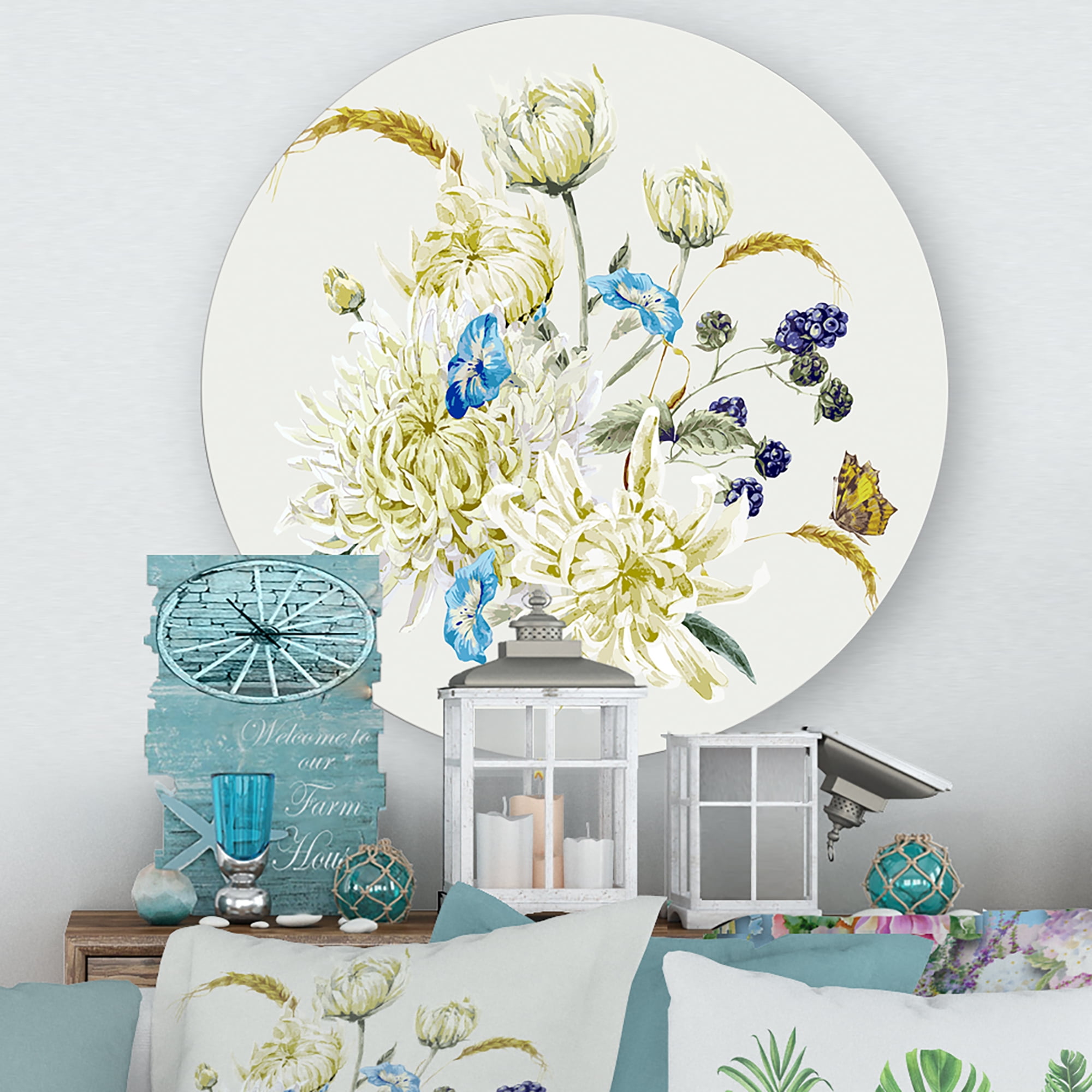 Designart 'Ancient Chrysanthemums With Bouquet II' Traditional Circle Metal Wall Art 11x11 - Disc of 11