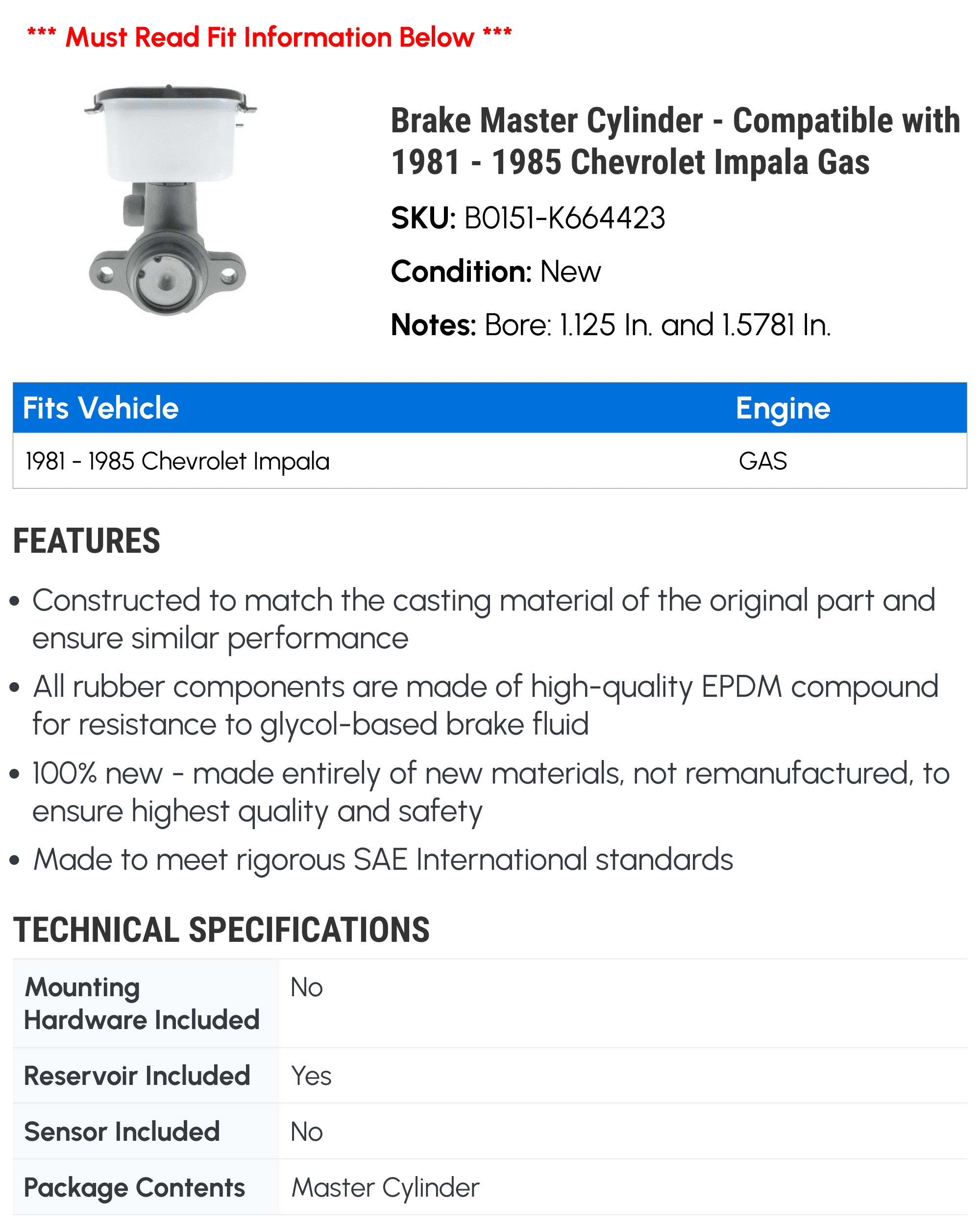 Brake Master Cylinder - Compatible with 1981 - 1985 Chevrolet Impala Gas - Dorman