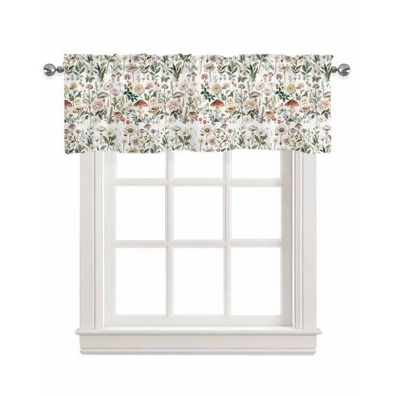 Floral Mushroom Linen Curtain Valance for Bedroom/Bathroom/Kitchen/Office/Living/Dining Room Window,Aesthetic Botanical Watercolor Spring Rod Pocket Topper Decorative Cafe Drapes Panel 42"x12"