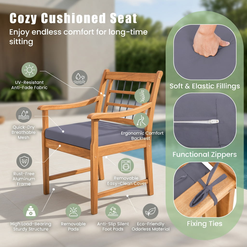 Hommoo 3-Piece Acacia Wood Patio Furniture Set, Cushioned Outdoor Chairs + Matching Coffee Table for Backyard, Poolside & Balcony, Gray