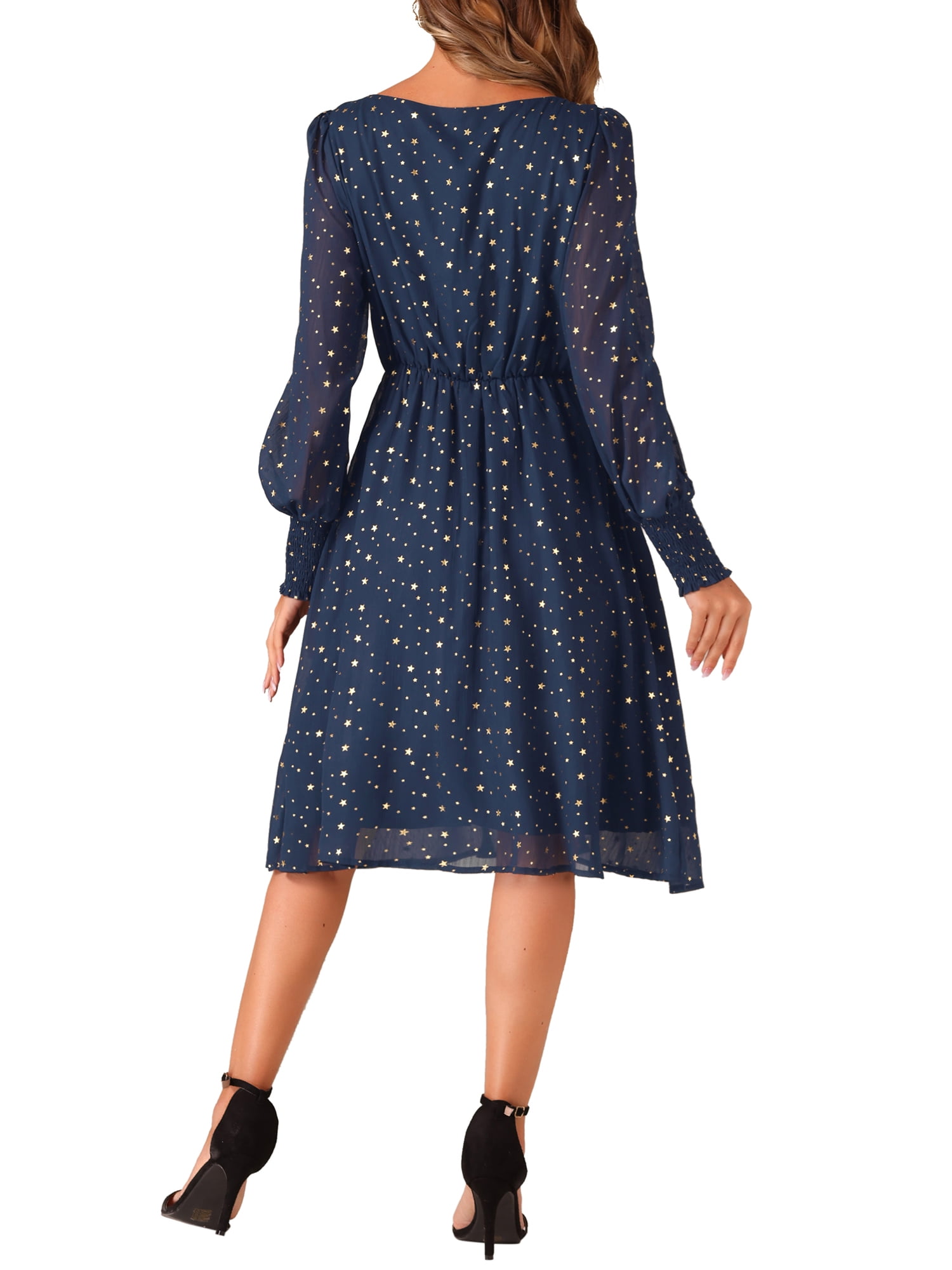 DARING DIVA Puff Long Sleeve Elastic Waist Mesh Dress M Dark Blue