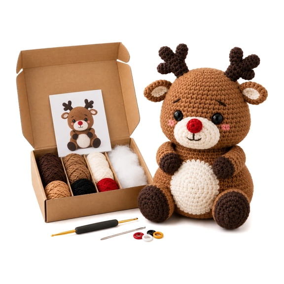 Chibi-Style Doll DIY Christmas Crochet Kit for Beginners, Easy Amigurumi Doll Craft Set with Full Yarn Tools, DIY Stress Relief Hobby Kit for Women Craft Lovers Xmas Present Reindeer