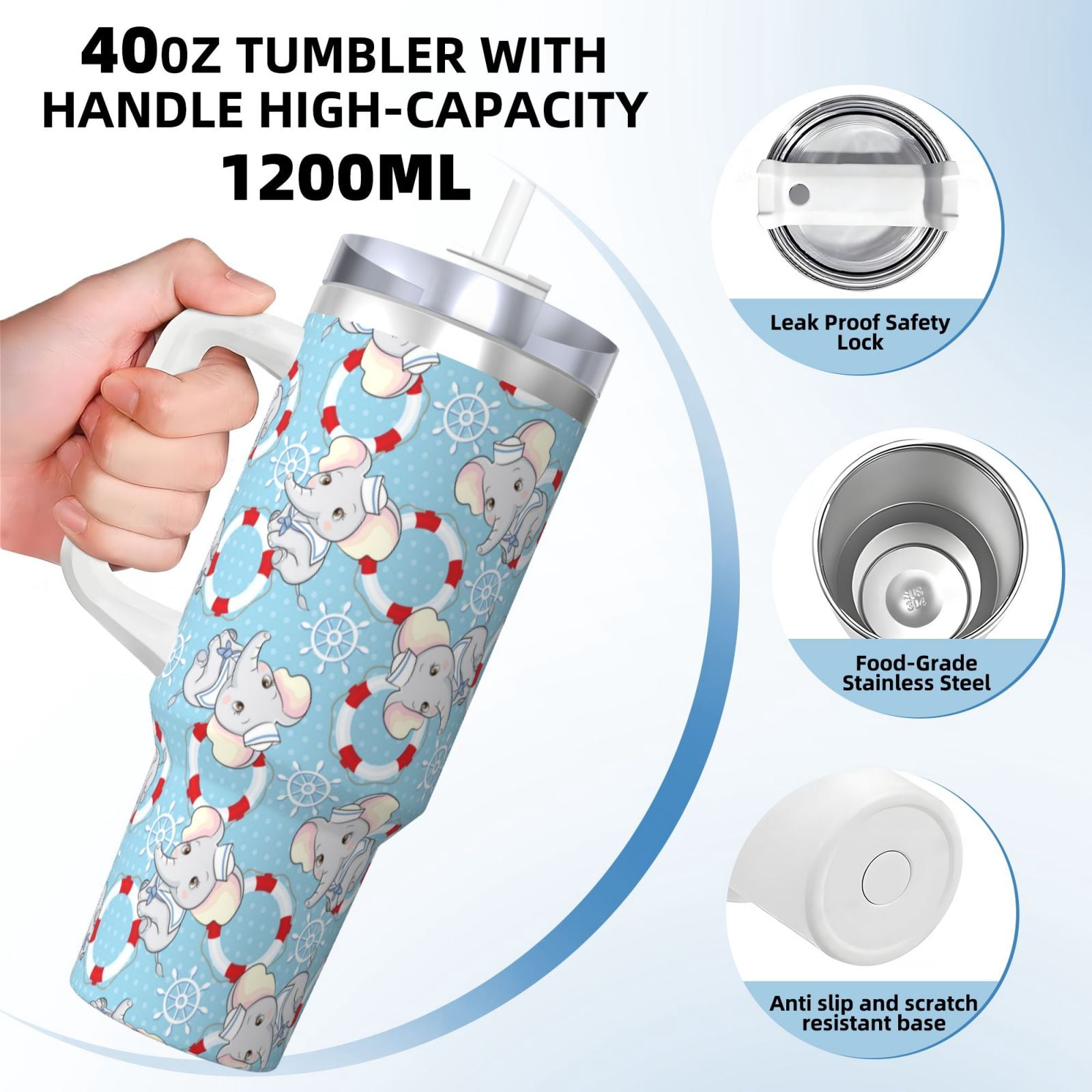 Gukieu Baby Elephant Print 40OZ Ice Cup, Stainless Steel Vacuum Kettle with Handle Suitable for Hot and Cold Drinks, Travel, Fitness
