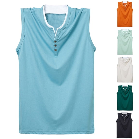 Men's Cotton Workout Tank Tops Oversized Sleeveless Gym Muscle Henley Shirt Casual Basic Summer Beach Tops Big and Tall Size XL-6XL Orange
