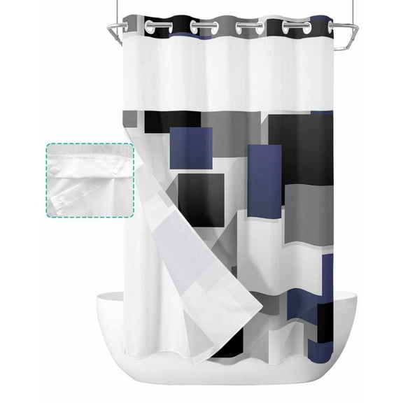 No Hook Shower Curtain with Snap in Liner, Geometric 3D Abstract Navy Blue Black Gray Square Pattern Shower Curtains for Bathroom, Washable Shower Curtain Liner Set with Mesh Top Window, 54"x78"