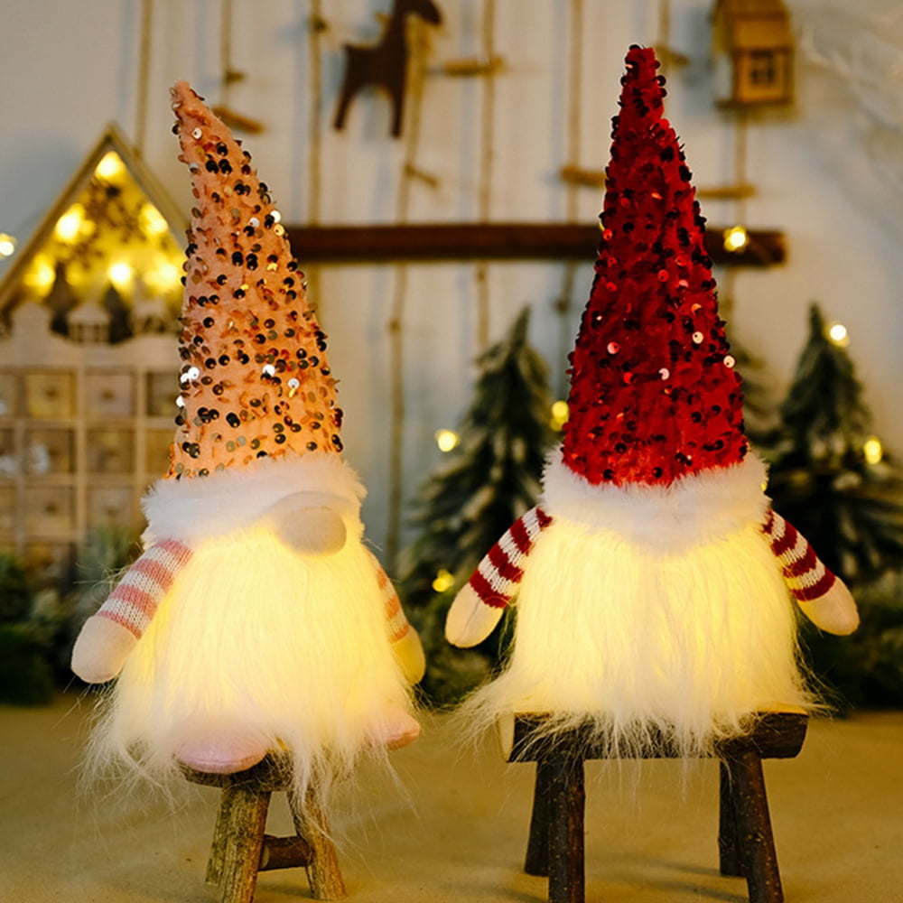 2 Pack Sequin Christmas Gnome Plush With Led Lighting Beards, Handmade