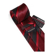 HISDERN Red Ties for Men Stripe Plaid Ties and Pocket Square Cufflinks Silk Necktie Set Business