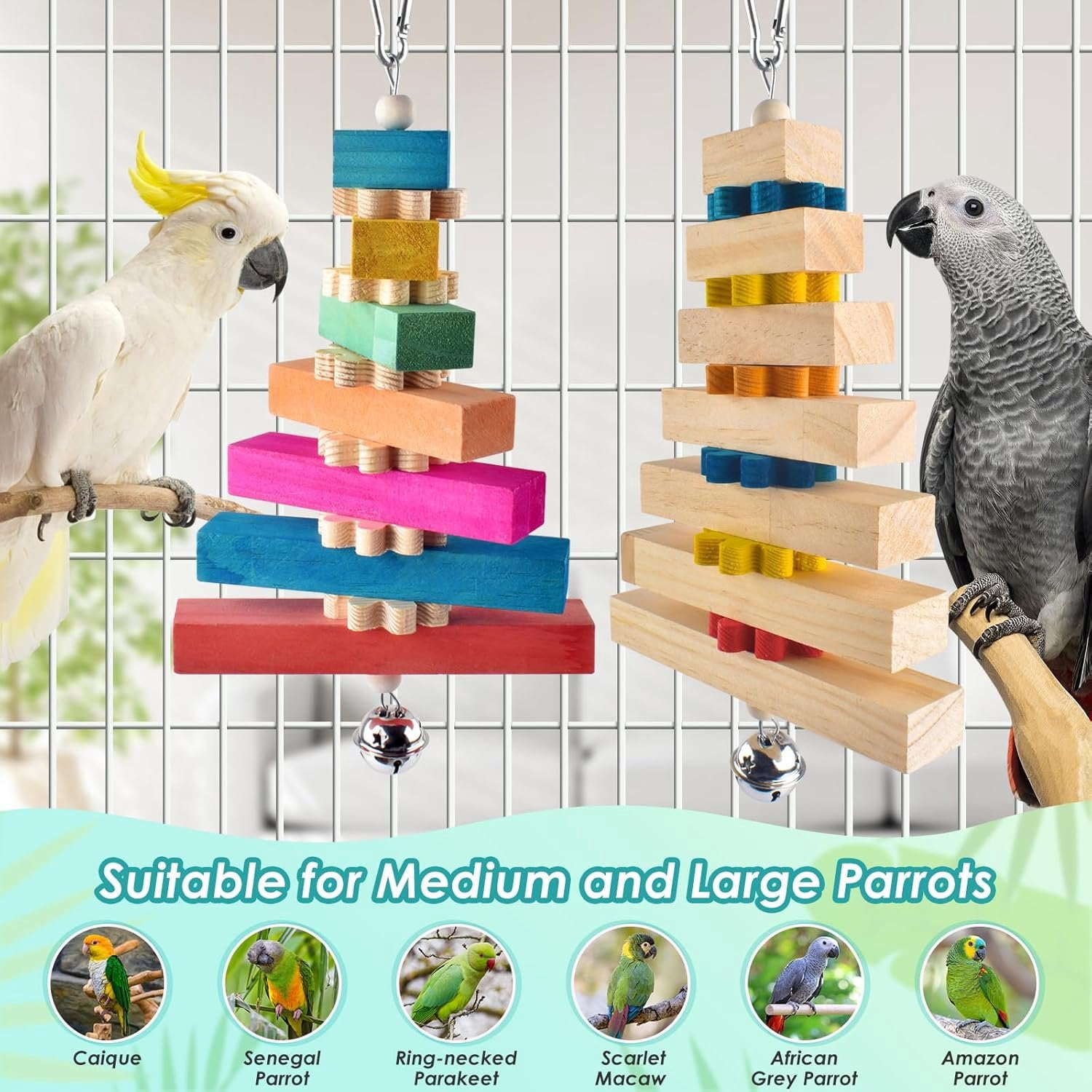 2 count Bird Toys for Parrots, Colorful  Large Parrot     Block with Bell for Medium to Large Cockatiels, Eclectus,  Greys, , Cockatoo