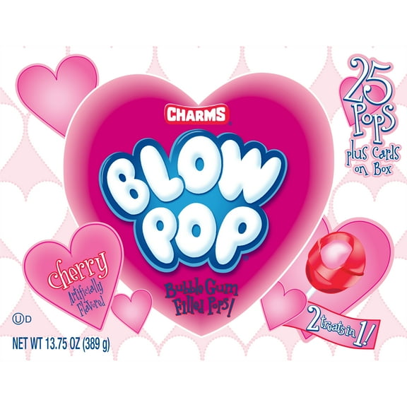 Charms Blow Pops, 25 Pop Valentines Exchange Box, 13.75 oz. Peanut Free, Gluten Free. Contains Milk and Soy.