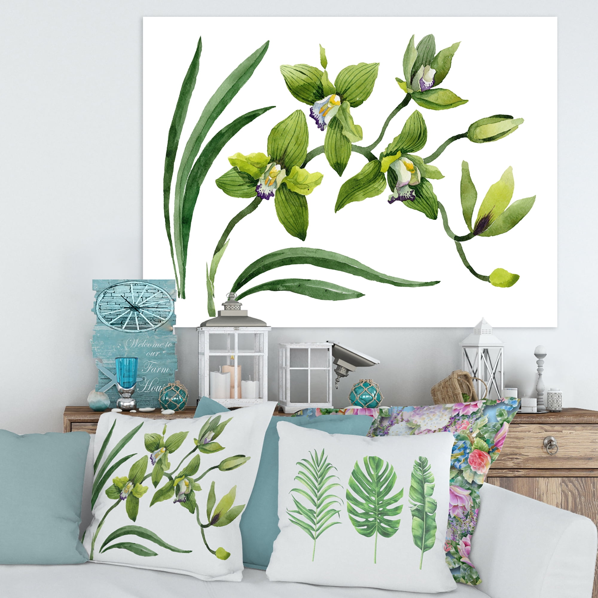 Designart ' Green Orchid Flowers On White ' Traditional Canvas Wall Art Print