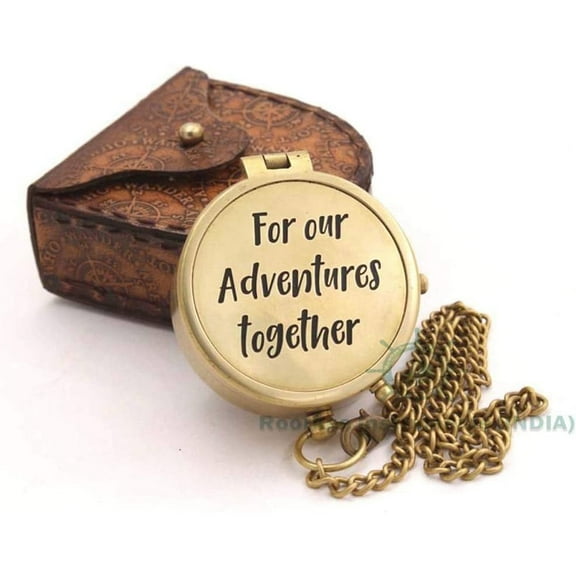 Rii Brand Brass Golden Colored Compass with Imprinted Leather Case