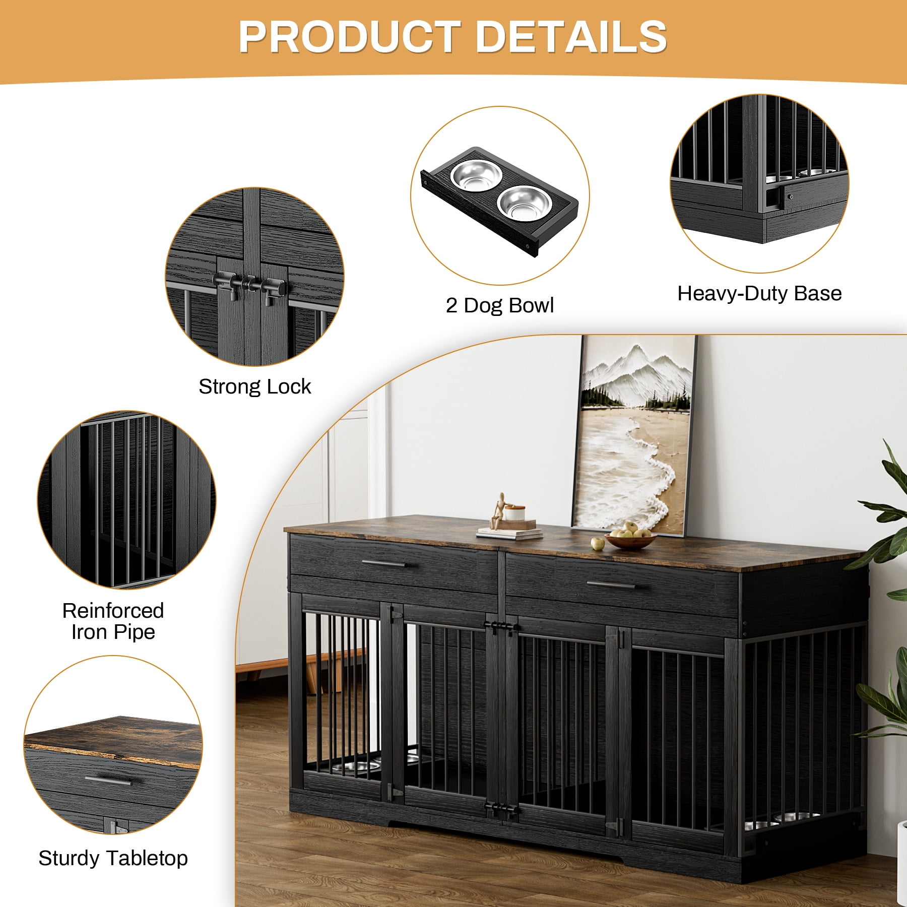 WIILAYOK 72.05" Dog Crate Furniture, Wooden Dog Kennel with 2 Drawers and 4 Dog Bowls, Heavy Duty Indoor Furniture Style Dog Cage House(Black Brown)