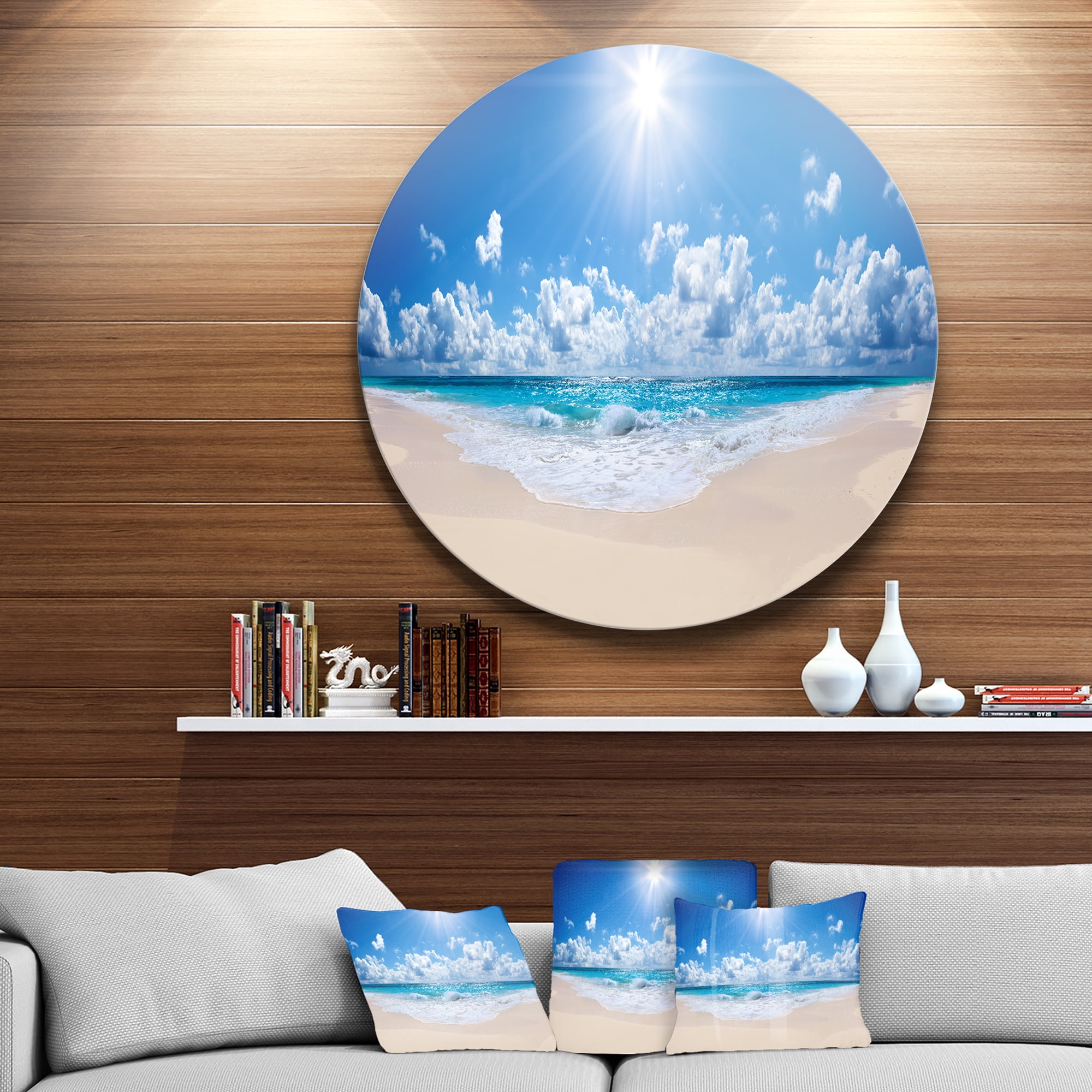 Designart 'Beautiful Tropical Beach Panorama' Disc Seashore Metal Circle Wall Art