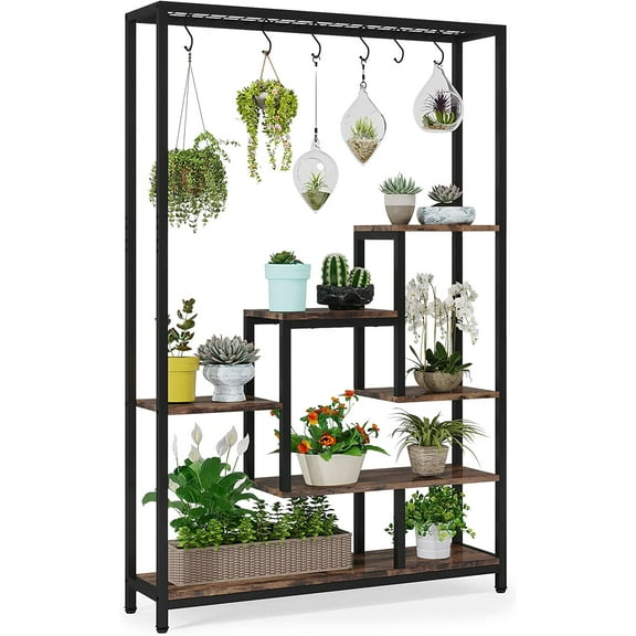 Tribesigns 5-Tier Tall Indoor Plant Stand, 70.9 inches Plant Shelf with 10PC Hanging Hooks, Brown