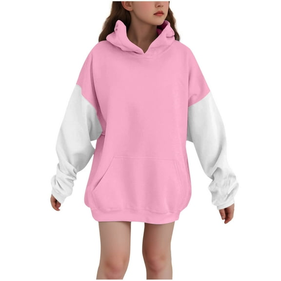 Lenpel Girls' Oversized Hoodies Casual Long Sleeve Color Block Hooded Sweatshirts Pullover Sweatshirt Tops with Pocket(Pink,13-14 Years)