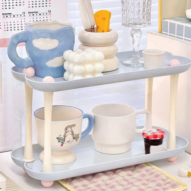Two-Tier Tray Shelf Storage Rack, Multi-Purpose Cup & Snack Holder, Plastic Organizer for Home & Kitchen, Stylish Storage Rack for Living Room & Office, Blue/Pink 35x21x12.2cm