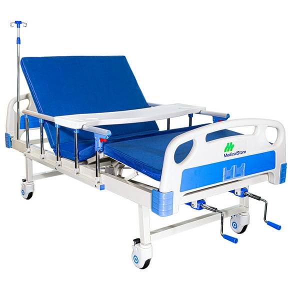 Medical Store Cama Hospitalaria De Lujo con barandales Plegables, Ruedas Giratorias, Acero de Alta Resistencia Soporta hasta 130kg, Incluye: Colchón y Porta Suero con 2 Ganchos. (Manual)