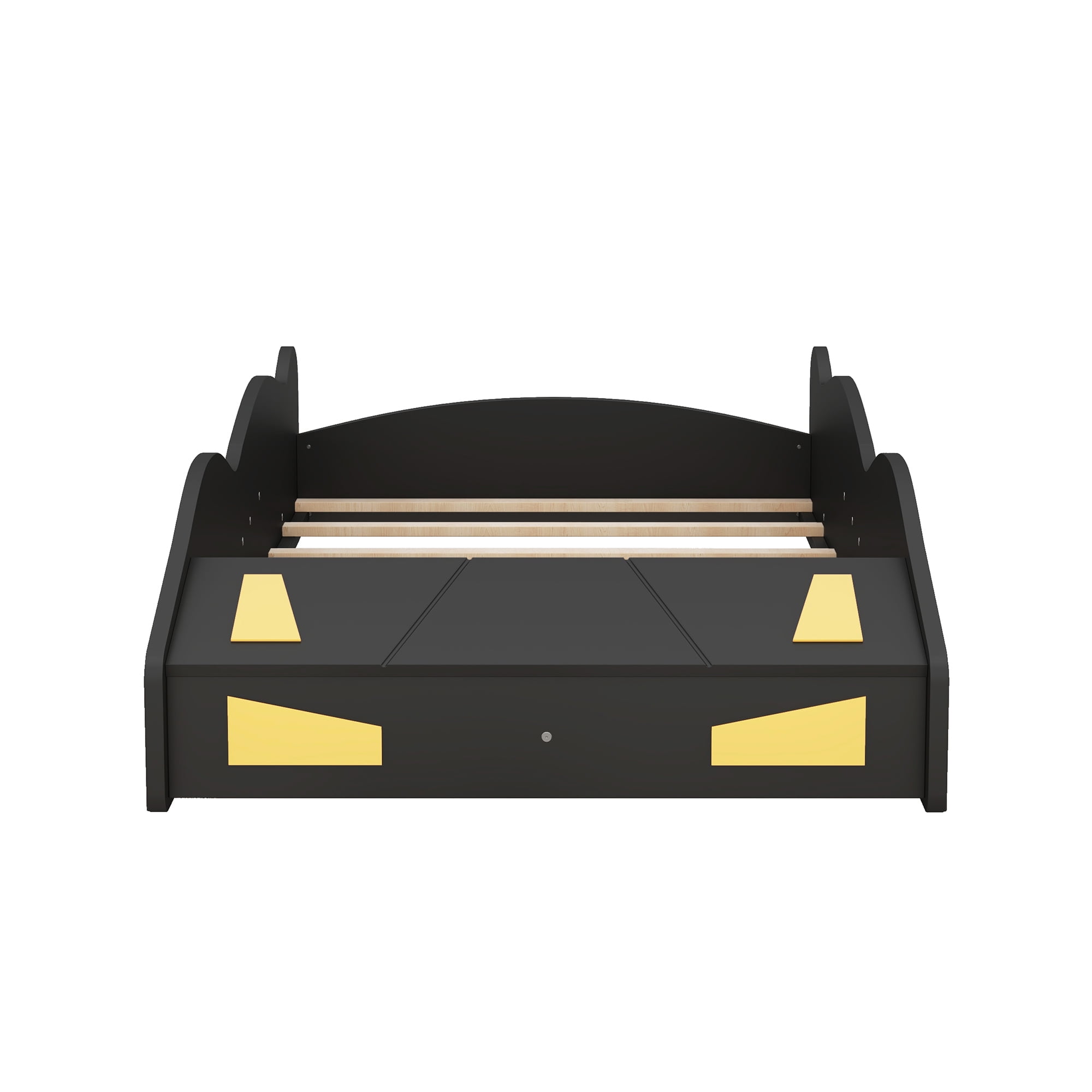 Yoneston Twin Size Kids Race Car-Shaped Platform Bed, Solid Wood Guardrails Platform Bed Frame with Wheels and Storage for Kids Boys and Girls, Black